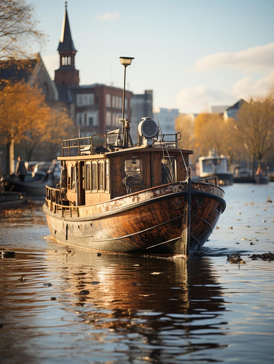 Midjourney prompt: 'a boat in the water near a city, in the style of berlin secession, manual focus lens, 32k uhd, hal foster, silver and brown, selective focus, industrialization --ar 3:4 --s 750 '