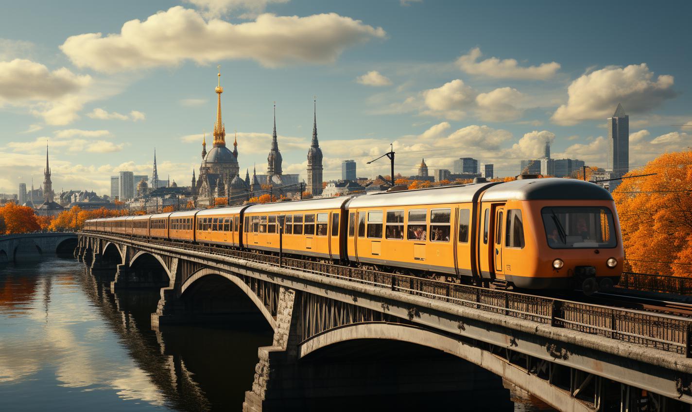 Midjourney prompt: 'a railway bridge the distance, in front of the Berlin skyline, which is crossed by two yellow trains, in the style of deutscher werkbund, dynamic outdoor shots, iconic album covers, nikon d850, wes anderson, grandiose cityscape views, --ar 27:16 --s 750'