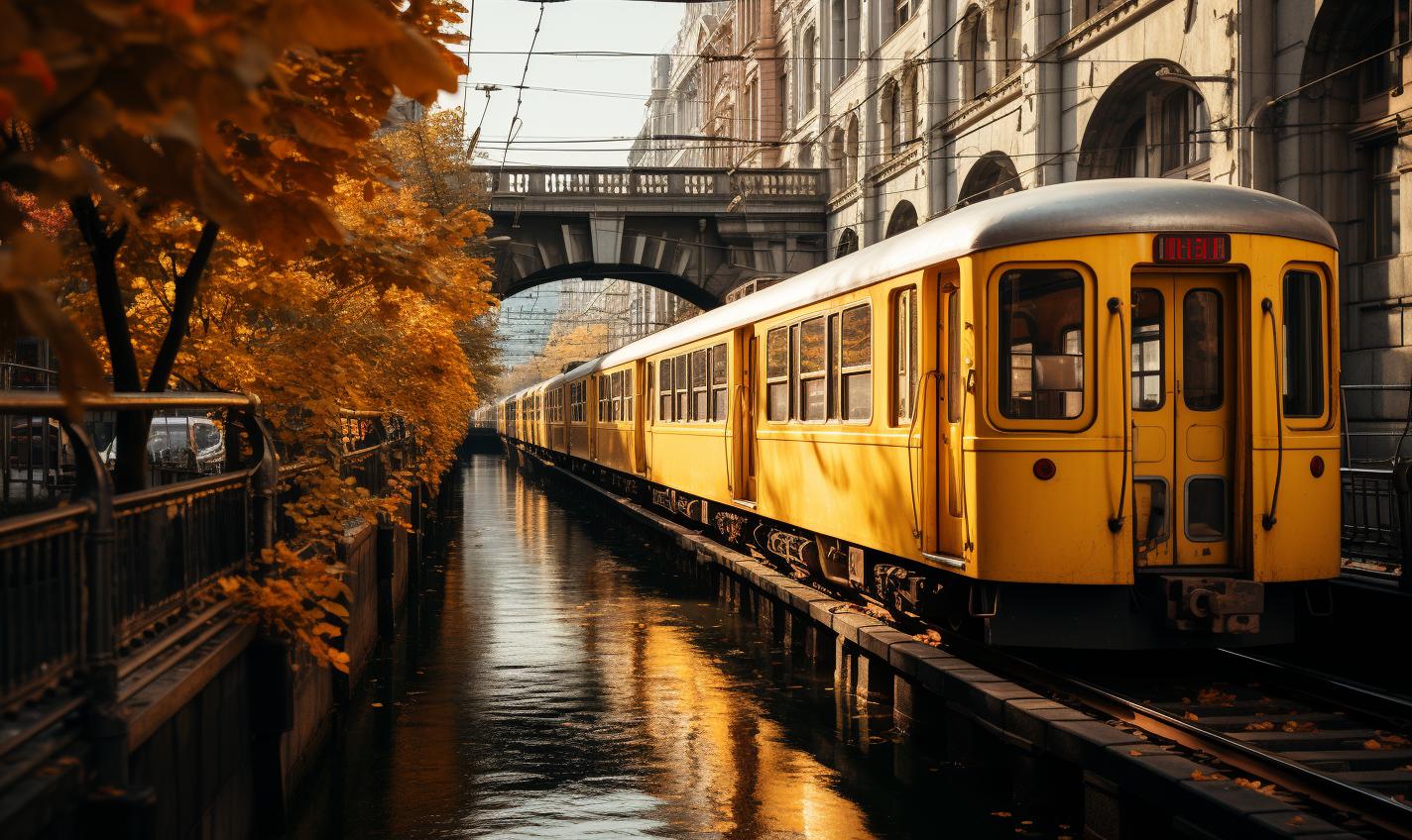 Midjourney prompt: 'two yellow trains on a bridge of a river, in the style of deutscher werkbund, dynamic outdoor shots, iconic album covers, nikon d850, wes anderson, grandiose cityscape views, --ar 27:16 --s 750 '