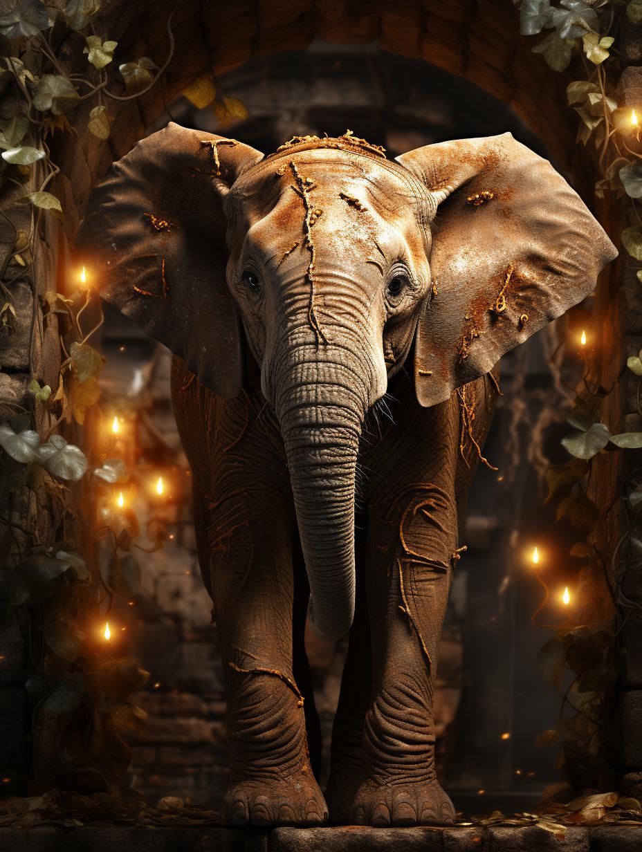 Midjourney prompt: 'elephant stretching trunk standing between two brick structures in dark, in the style of portraiture with emotion, uhd image, mandy disher, graceful curves --ar 3:4 --s 750'