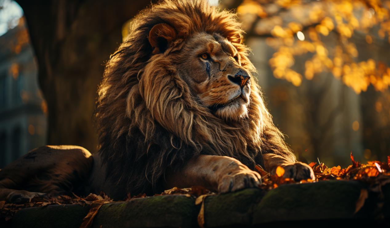 Midjourney prompt: 'the lion is sitting against the rock with trees, in the style of dusseldorf school of photography, innovative page design, bokeh, celebrity photography, vibrant, high-energy imagery, pentax spotmatic, ad posters --ar 128:75 --s 750'