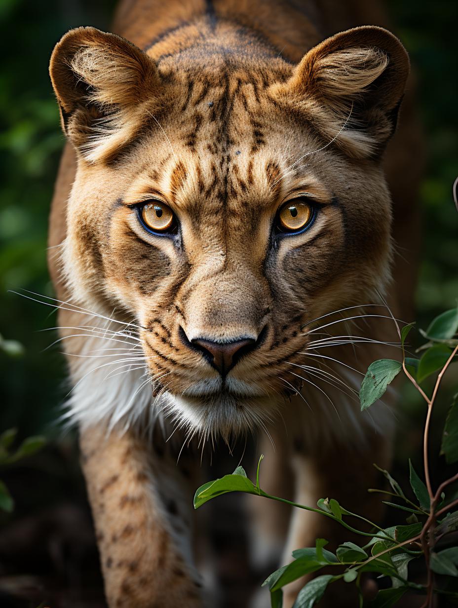 Midjourney prompt: 'the lioness in this image is the impala berlin, in the style of tamron 24mm f/2.8 di iii osd m1:2, expressive facial features, eleanor fortescue-brickdale, zeiss batis 18mm f/2.8, gustave courbet, macro perspectives, francesco hayez --ar 3:4 --s 750 '