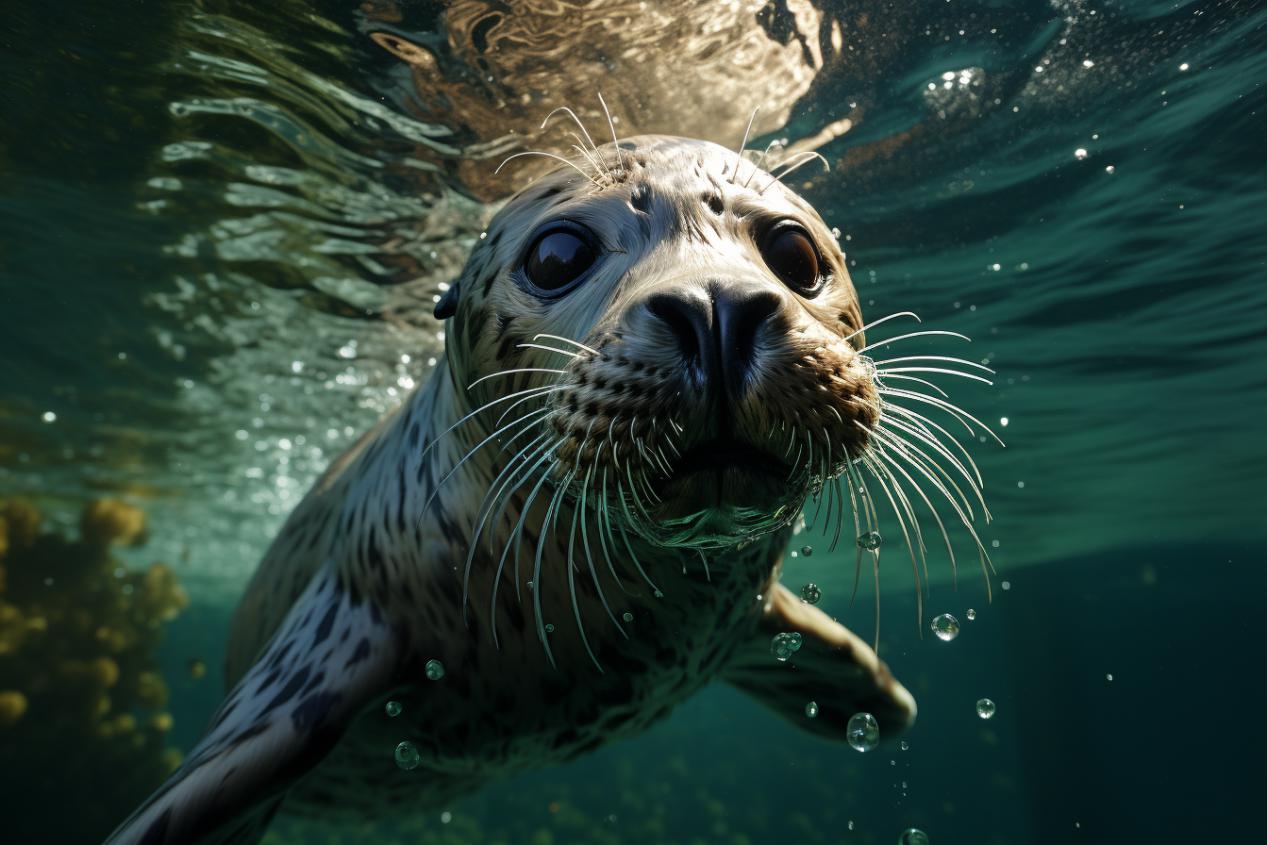 Midjourney prompt: 'an adult seal in a green water area, in the style of made of liquid metal, cross processing, 32k uhd, wimmelbilder, light beige and green, barbizon school, naturalistic proportions --ar 128:85 --s 750'