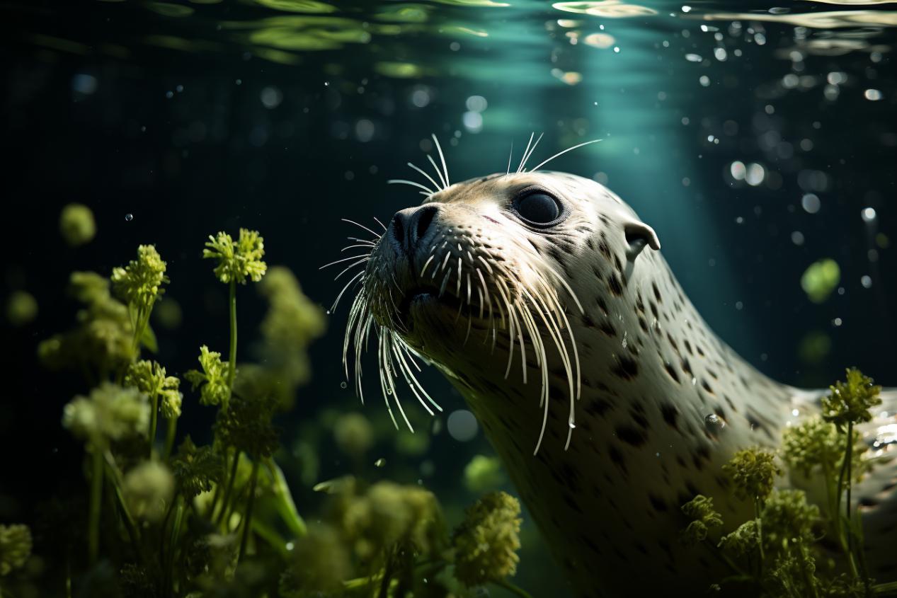 Midjourney prompt: 'a seal swimming in a green area, in the style of liquid light emulsion, green and gray, new american color photography, uhd image, wimmelbilder --ar 128:85 --s 750'