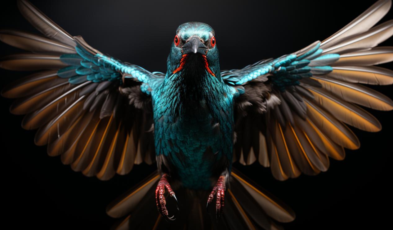 Midjourney prompt: 'Asian Glossy Starling looks at the camera, in the style of berlin secession, redshift, album covers, sony fe 12-24mm f/2.8 gm, dark teal and dark cyan, asian-inspired, shiny/glossy --ar 128:75 --s 750'