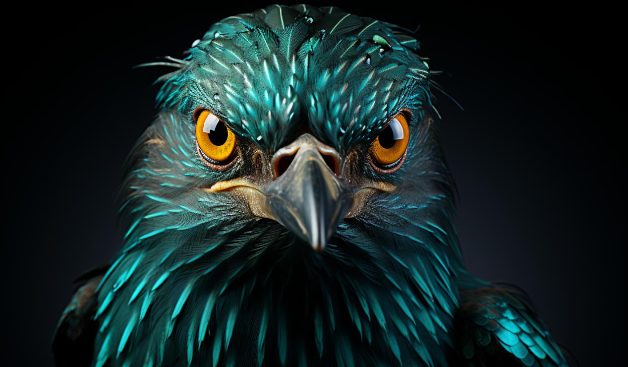 Midjourney prompt: 'Asian Glossy Starling looks at the camera, in the style of berlin secession, redshift, album covers, sony fe 12-24mm f/2.8 gm, dark teal and dark cyan, asian-inspired, shiny/glossy --ar 128:75 --s 750'