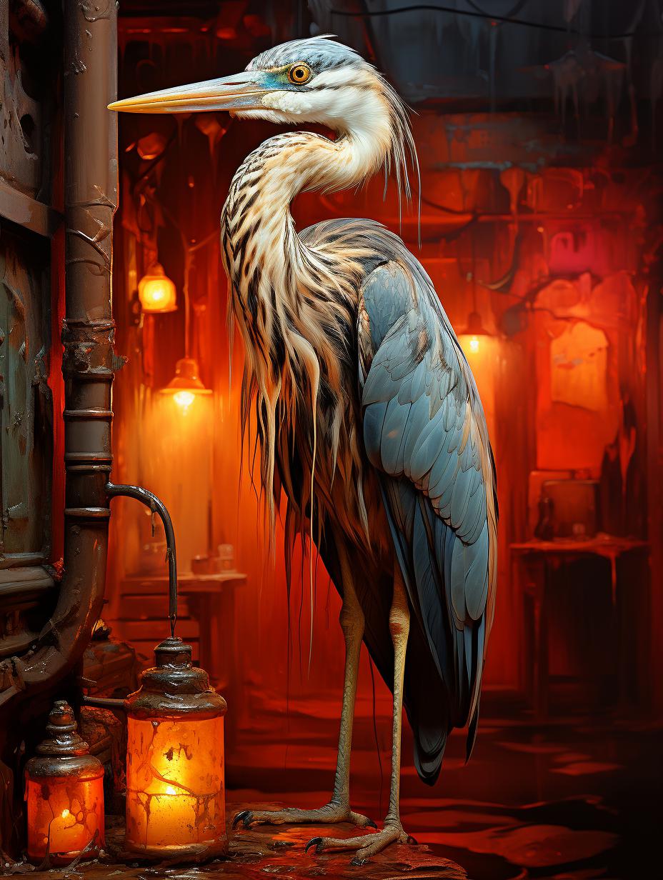 Midjourney prompt: 'a grey heron standing by some lights and red curtains, in the style of high dynamic range, street scenes with vibrant colors, aluminum, smokey background, animal intensity, california plein air, photographically detailed portraitures --ar 3:4 --s 750 '