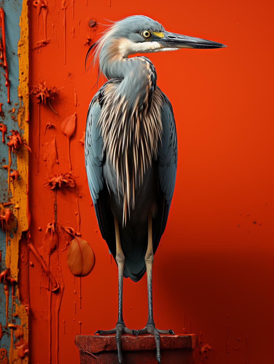 Midjourney prompt: 'one grey heron stands before a red wall, in the style of intense color saturation, light navy and gray, hdr, shimmering metallics, animal intensity, die brücke, snapshots of iconic hollywood stars --ar 3:4 --s 750'