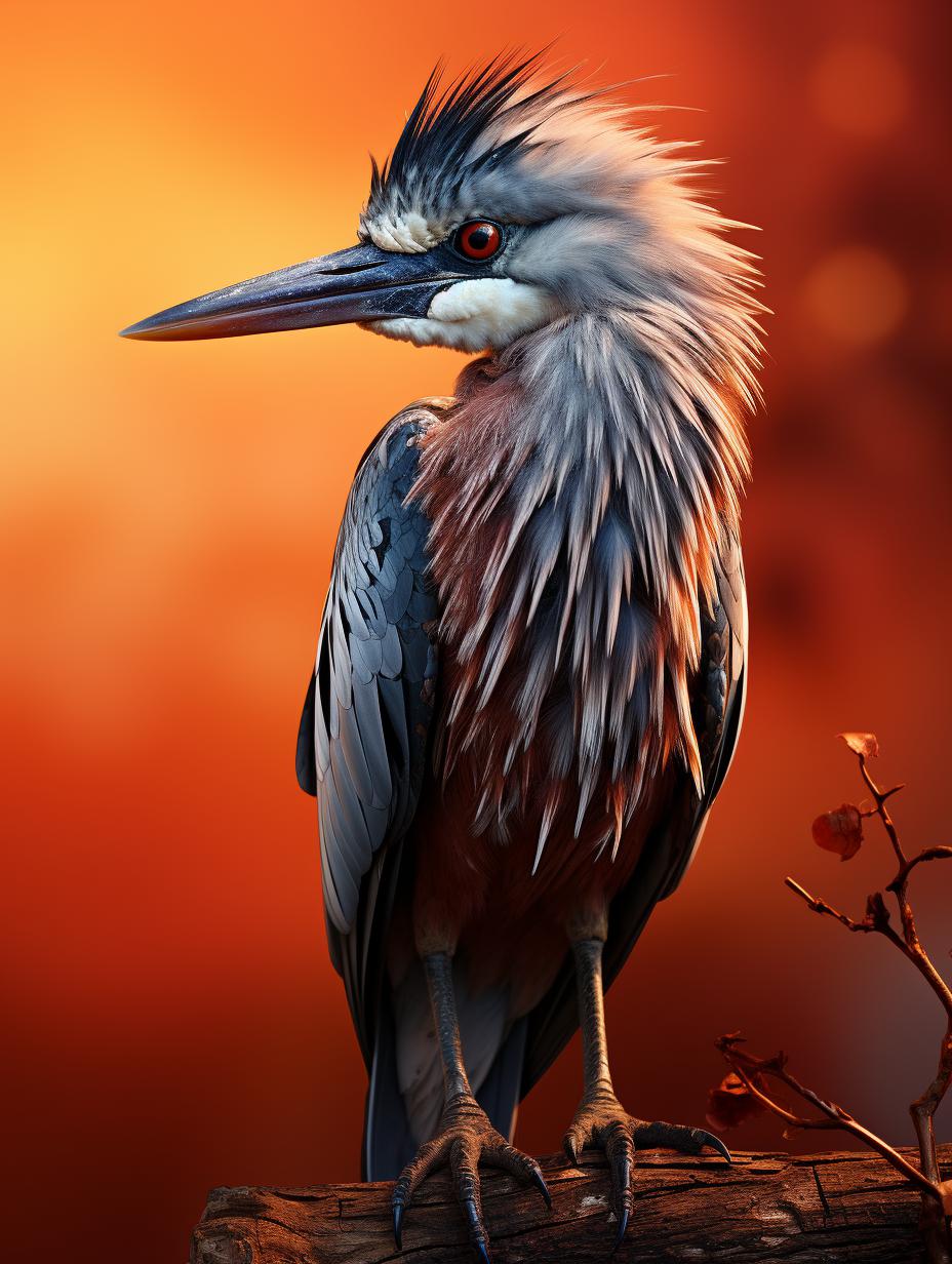 Midjourney prompt: 'a gray heron standing on a brick wall, in the style of dark gray and light crimson, saturated color field, celebrity photography, light orange and silver, realistic hyper-detail, 32k uhd, light red and light indigo --ar 3:4 --s 750'