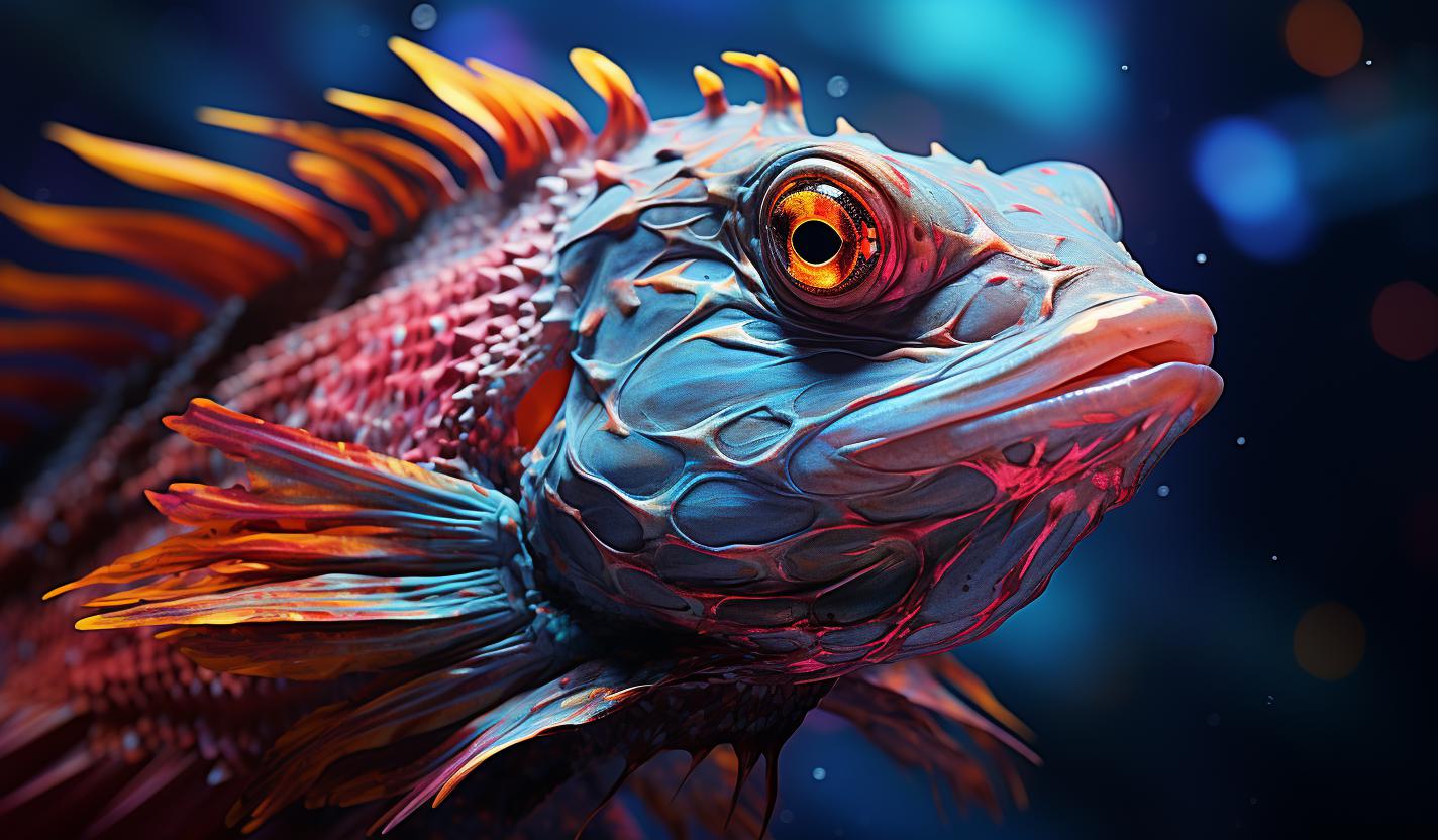 Midjourney prompt: 'close up of a fish, in the style of redshift, b-movie aesthetics, dimitry roulland, sharp & vivid colors, back button focus, ad posters, nikon d850 --ar 128:75 --s 750'
