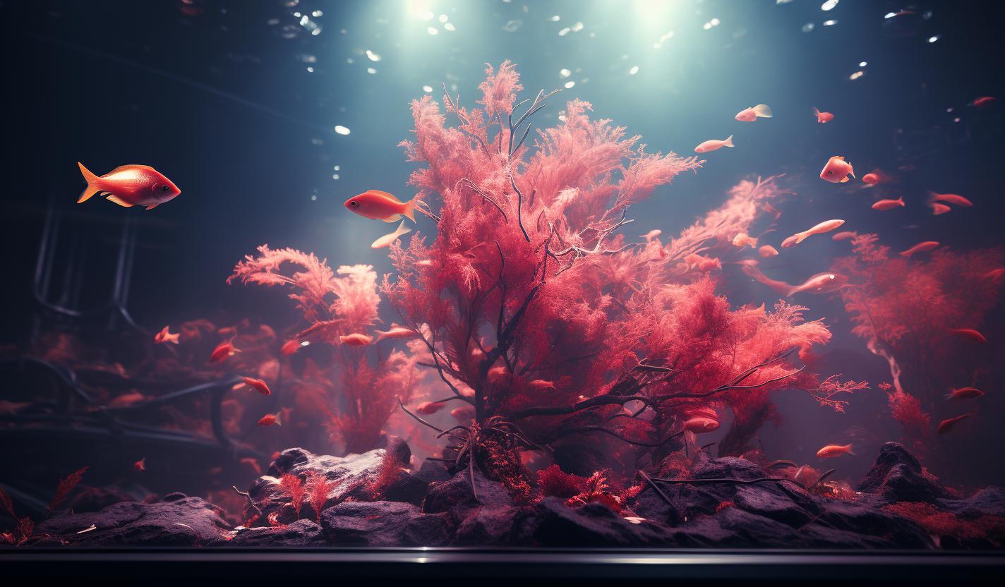 Midjourney prompt: 'an aquarium picture, in the style of minimal retouching, light crimson, b-movie aesthetics, manual focus lens, ad posters, redshift, foreshortening techniques --ar 128:75 --s 750'
