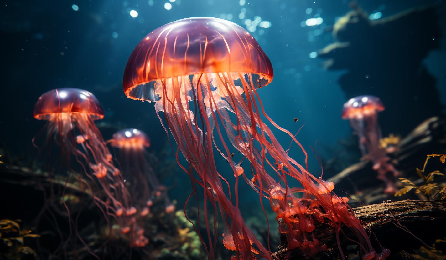 Midjourney prompt: 'a jellyfish with its long tail floating, in the style of time-lapse photography and film, berlin secession, movie poster, aerial photography, lively nature scenes, shiny eyes, sony fe 85mm f/1.4 gm --ar 128:75 --s 750'