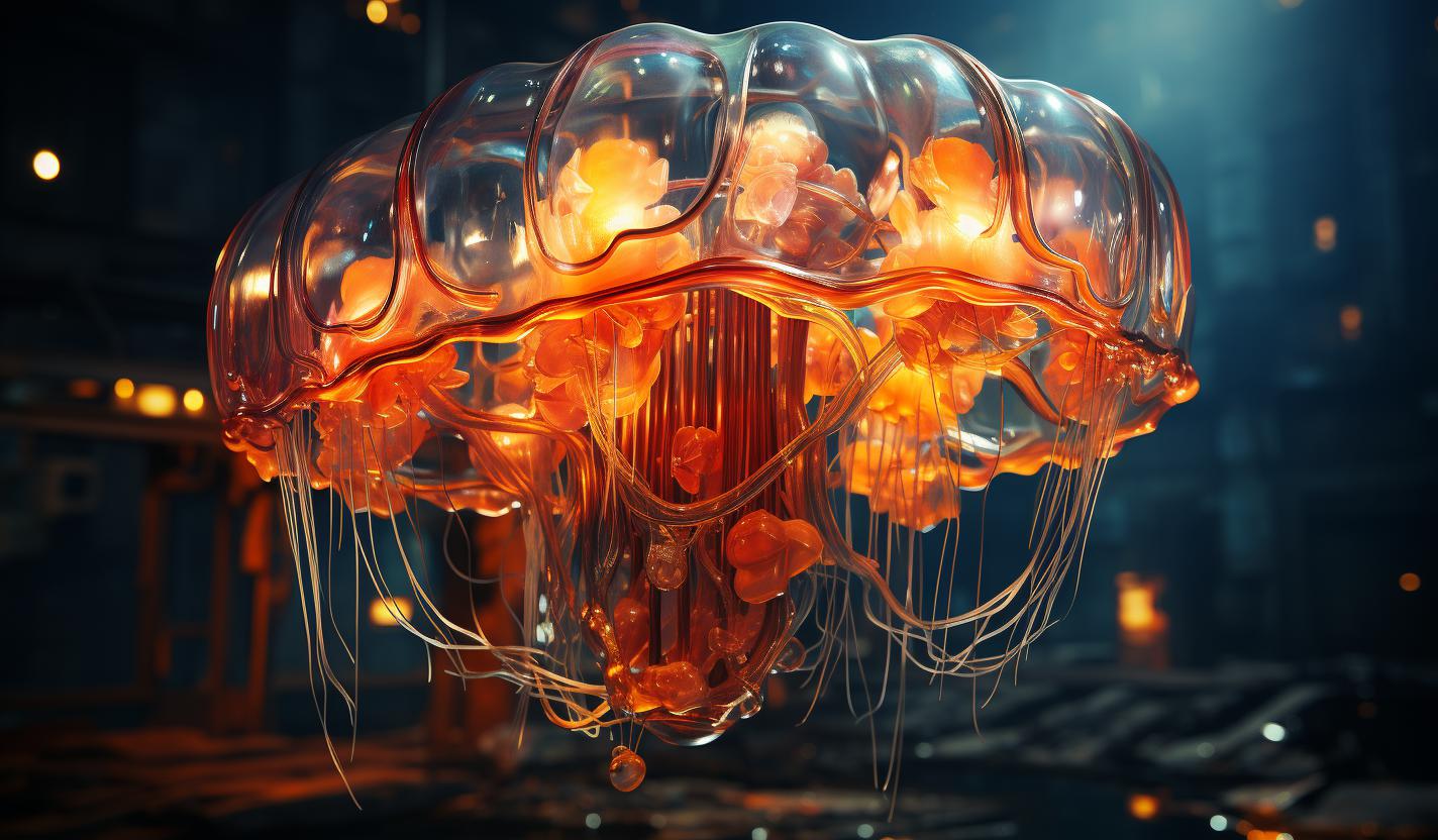Midjourney prompt: 'a jellyfish underwater that is floating with water around it, in the style of berlin secession, movie poster, dslr camera, josef kote, blurry details, aerial photography, 8k resolution --ar 128:75 --s 750'