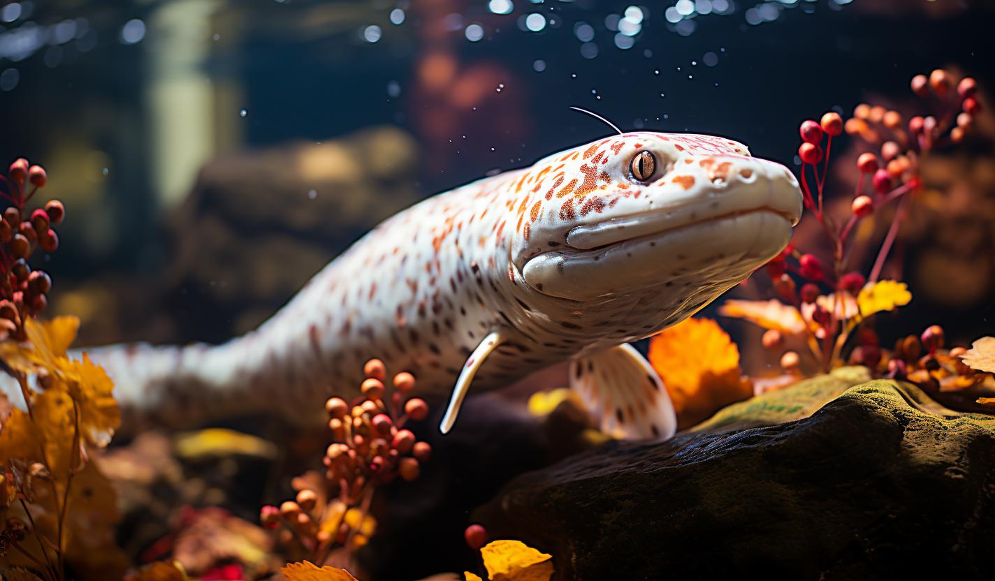 Midjourney prompt: 'a very long spotted white eel swimming out of a rock in an underwater photo, in the style of berlin secession, pointillist dots of color, light beige and orange, impressive panoramas, radiant clusters, celebrity photography, sony alpha a7 iii --ar 128:75 --s 750 - Image #3 @Jörn Paessler'