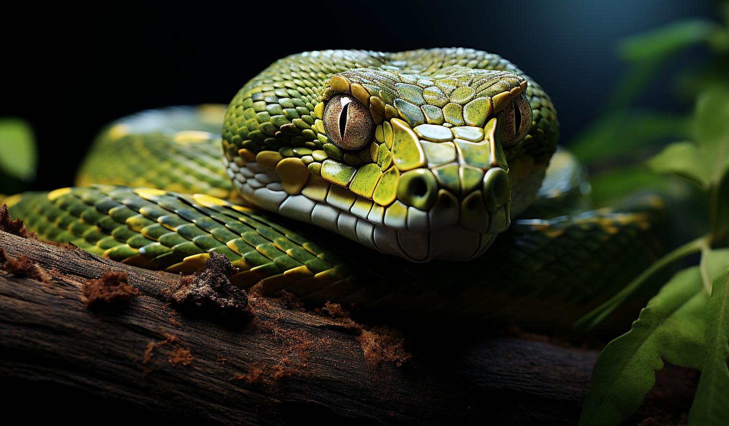 Midjourney prompt: 'a green snake on a tree branch, in the style of graflex speed graphic, xbox 360 graphics, marcin sobas, uhd image, bold and colorful portraits, simeon solomon, free-flowing lines --ar 128:75 --s 750 '