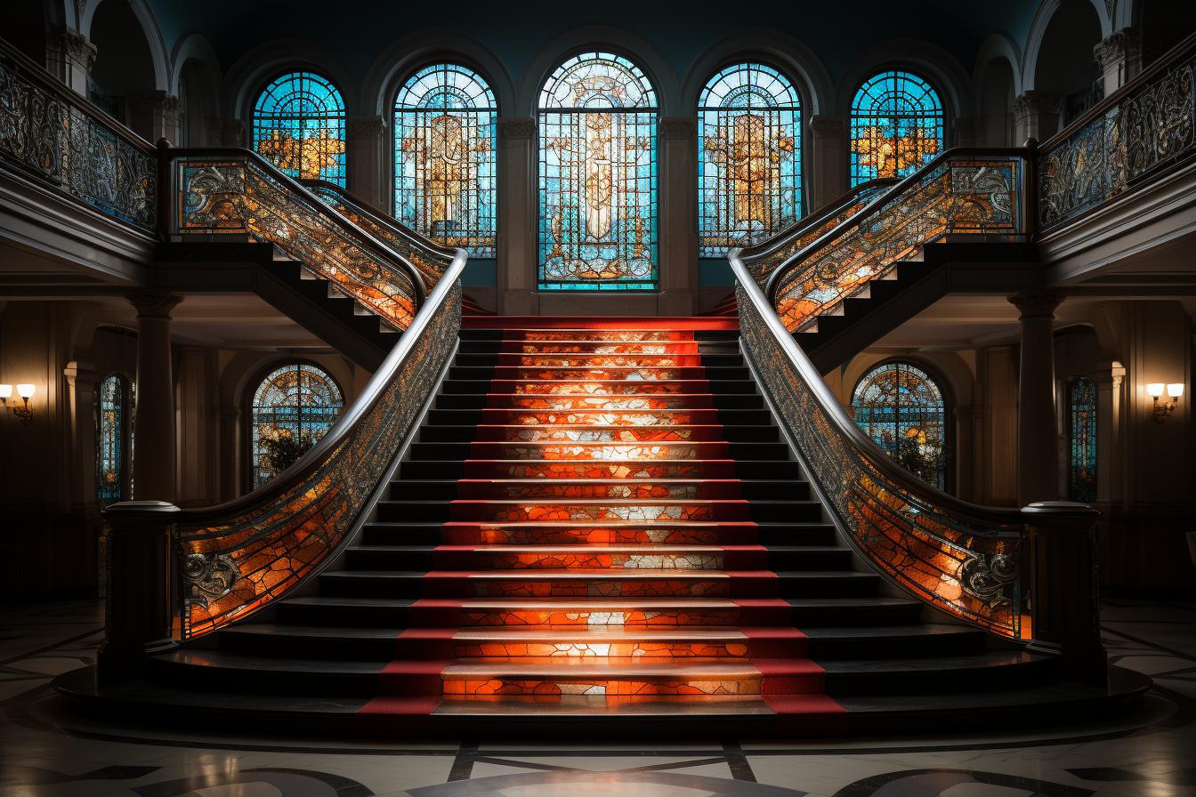 Midjourney prompt: 'a set of stairs in a building with stained glass windows, in the style of sigma 105mm f/1.4 dg hsm art, dutch marine scenes, dark amber and red, reimagined religious art, neoclassical symmetry, tokina at-x 11-16mm f/2.8 pro dx ii, dusseldorf school of photography --ar 128:85 --s 750a set of stairs in a building with stained glass windows, in the style of sigma 105mm f/1.4 dg hsm art, dutch marine scenes, dark amber and red, reimagined religious art, neoclassical symmetry, tokina at-x 11-16mm f/2.8 pro dx ii, dusseldorf school of photography --ar 128:85 --s 750'
