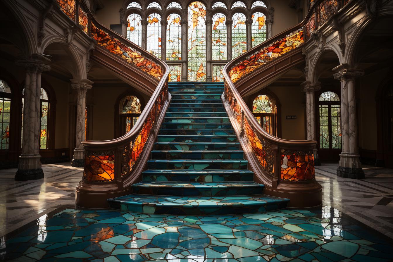 Midjourney prompt: 'a staircase made from stained glass, in the style of carl zeiss distagon t* 15mm f/2.8 ze, dutch marine scenes, dusseldorf school of photography, red and amber, wide angle lens, post-world war i european classicism, leica r3 --ar 128:85 --s 750 '