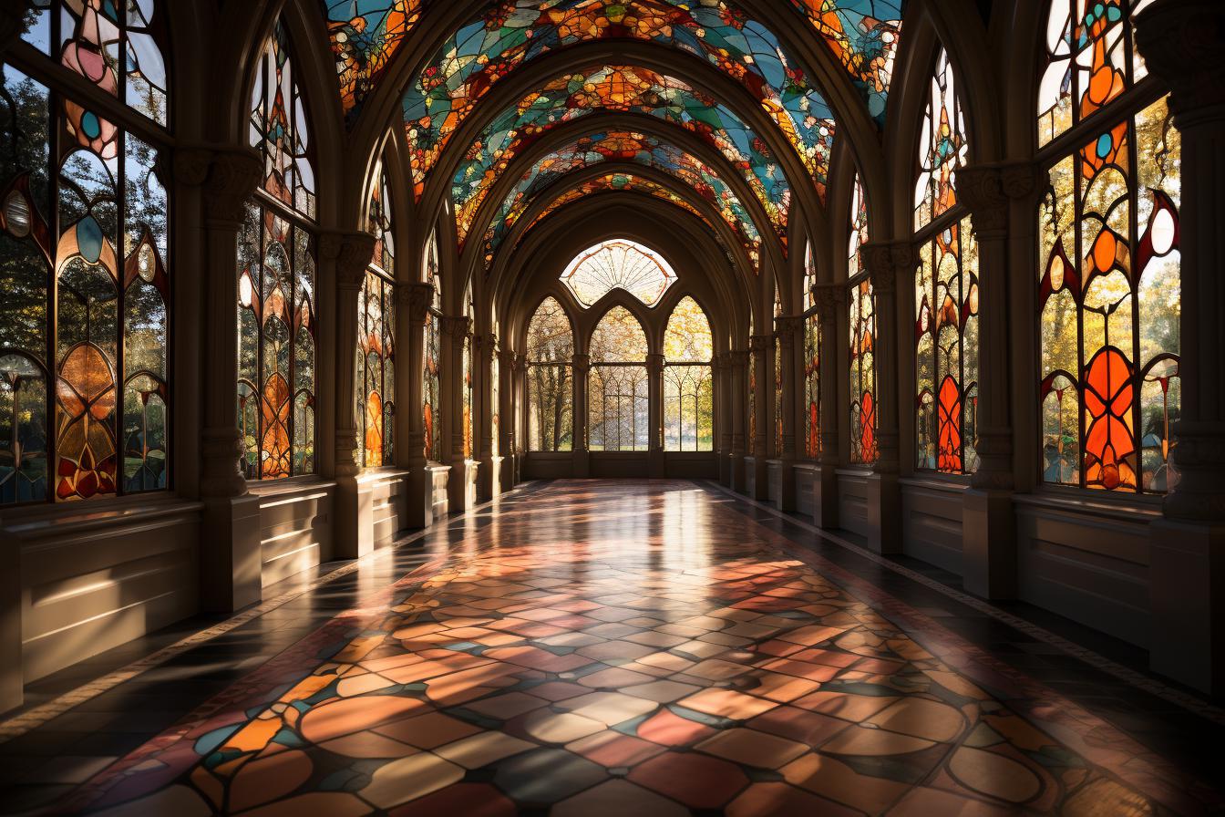 Midjourney prompt: 'stained glass windows, in the style of zeiss batis 18mm f/2.8, fernando botero, dusseldorf school of photography, classicist approach, tokina at-x 11-16mm f/2.8 pro dx ii, light yellow and red, neo-academism --ar 128:85 --s 750 '