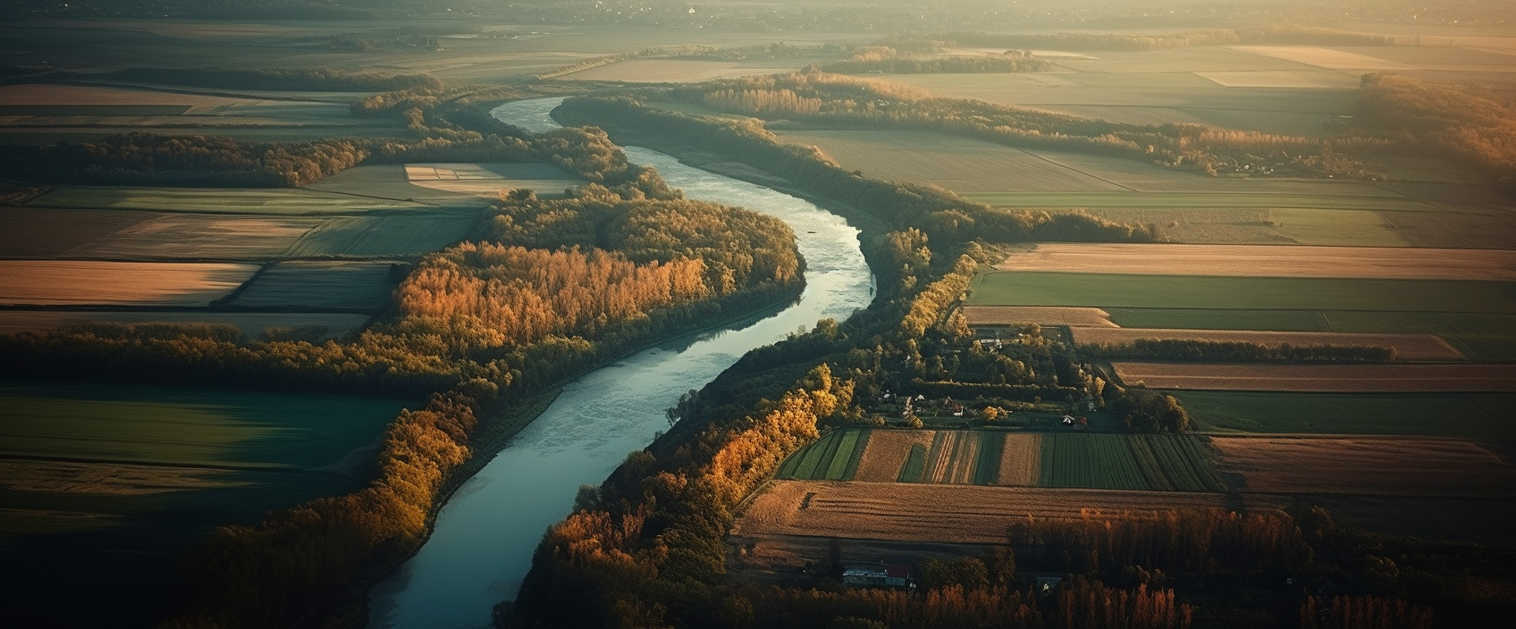 Midjourney prompt: 'aerial view of green fields and the river, in the style of light pink and dark orange, deutscher werkbund, soft, atmospheric lighting, die brücke, flattened perspective, urban imagery, long distance and deep distance --ar 125:52 --s 750 --v 5'