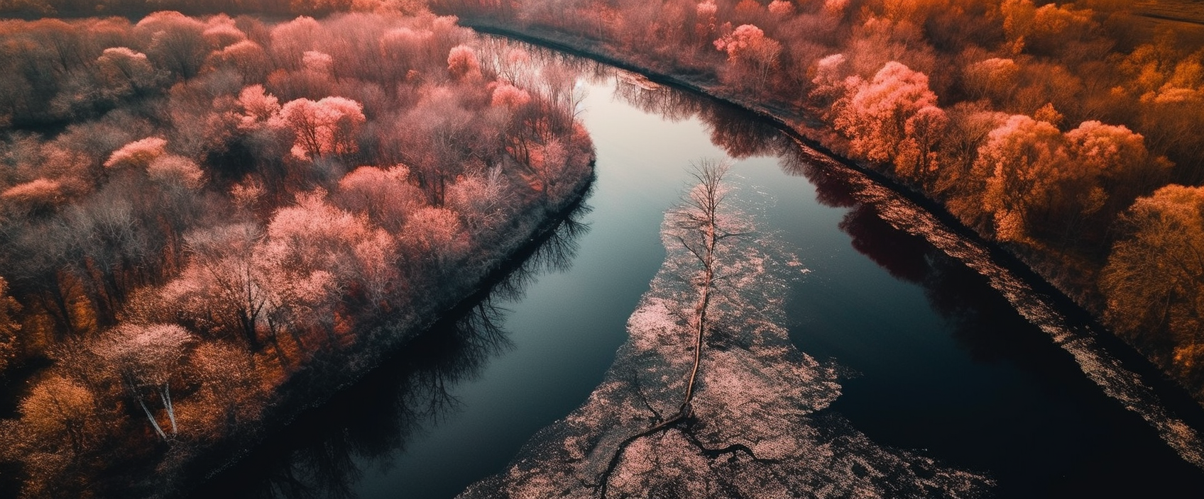Midjourney prompt: 'aerial drone view of a waterway, in the style of light pink and dark orange, deutscher werkbund, forced perspective, rural landscapes, luminist, wimmelbilder, smooth and polished --ar 125:52 --s 750 --v 5'