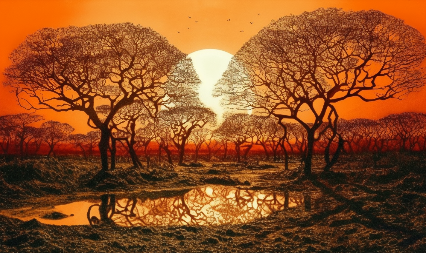 Midjourney prompt: 'an orange sun showing through trees at sunset, in the style of album covers, french countryside, precisionist, konica big mini, romantic drama, baroque-inspired drama, shin hanga --ar 27:16 --s 750 --v 5'