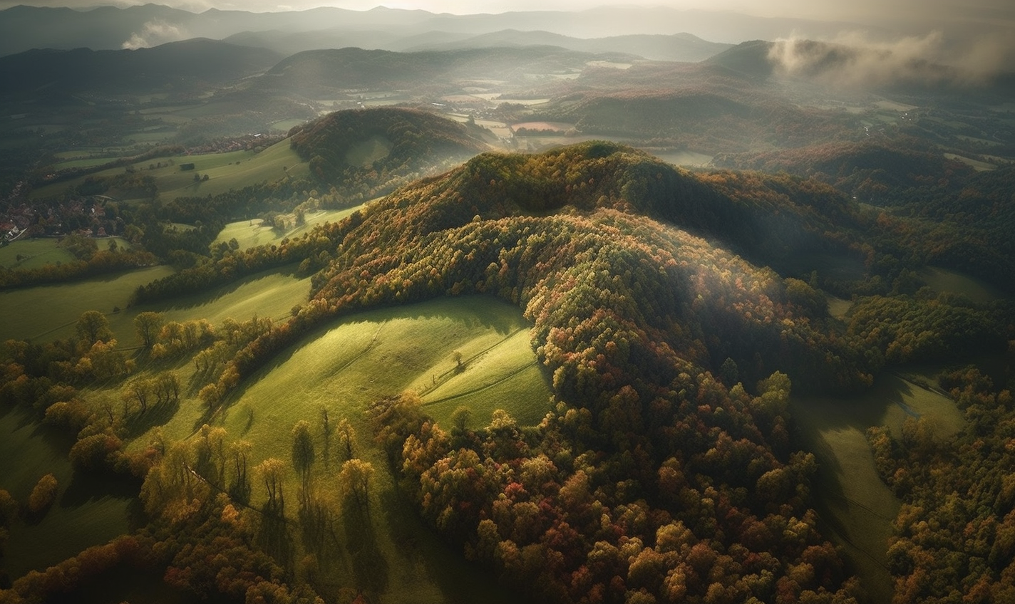 Midjourney prompt: 'the mountains of mf, germany aerial drone, in the style of arnold schoenberg, michael shainblum, snapshots of america, photo taken with provia, vito acconci, bokeh panorama, french countryside --ar 27:16 --s 750 --v 5'