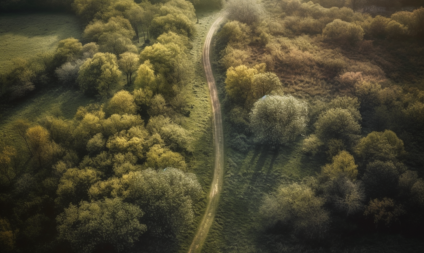 Midjourney prompt: 'an aerial view of some trees and a road, in the style of carl zeiss jena flektogon 35mm f/2.4, jessica drossin, ad posters, photo taken with nikon d750, frank quitely, frans francken the younger, romantic dramatic landscapes --ar 27:16 --s 750 --v 5'