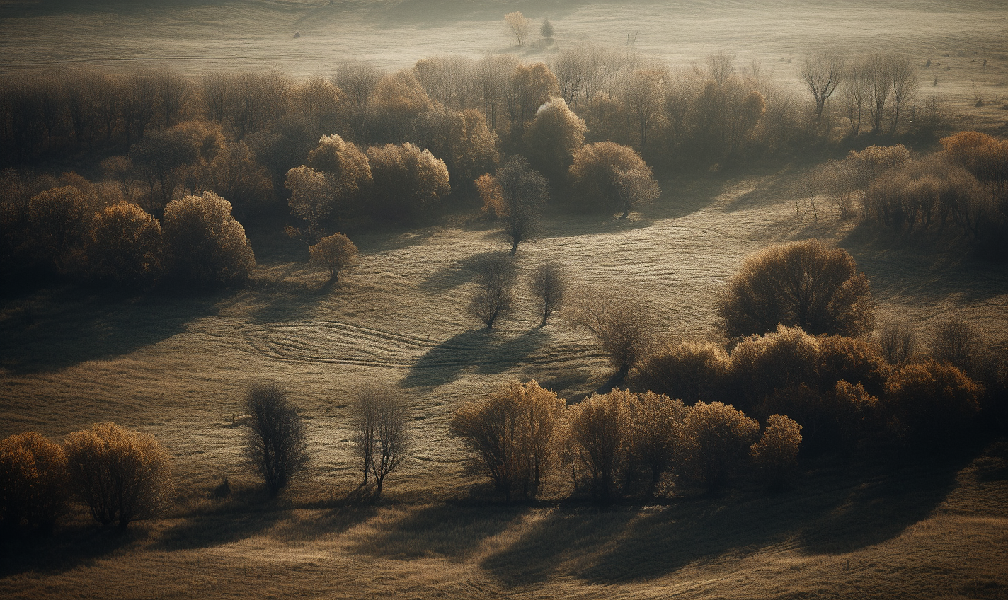 Midjourney prompt: 'an aerial view of trees in a field, in the style of renaissance perspective and anatomy, sigma 85mm f/1.4 dg hsm art, fragmented advertising, rangefinder lens, ad posters, light gray and dark amber, atmospheric horizons --ar 27:16 --s 750 --v 5'
