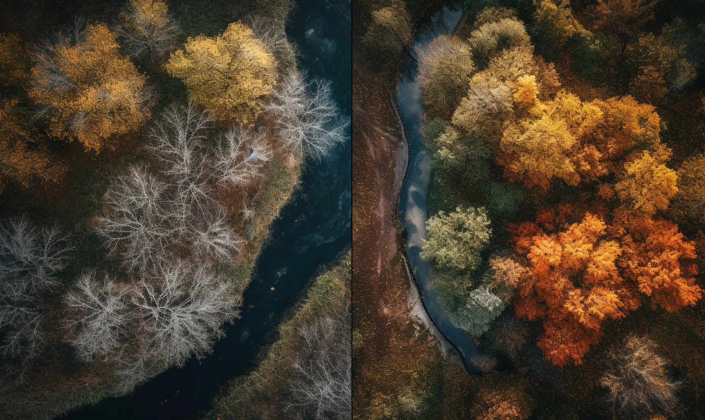 Midjourney prompt: 'a photograph of landscapes in autumn, showing trees and a stream, in the style of laowa 100mm f/2.8 2x ultra macro apo, aerial view, album covers, precisionist art, baroque-influenced drama, vanitas, french countryside --ar 27:16 --s 750 --v 5'