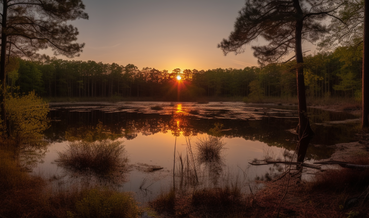 Midjourney prompt: 'a lake at sunset in the center of trees, in the style of golden light, nikon d850, cottagepunk, light sky-blue and maroon, national geographic photo, leica m6, light gray and amber --ar 125:52 --s 750 --v 5'