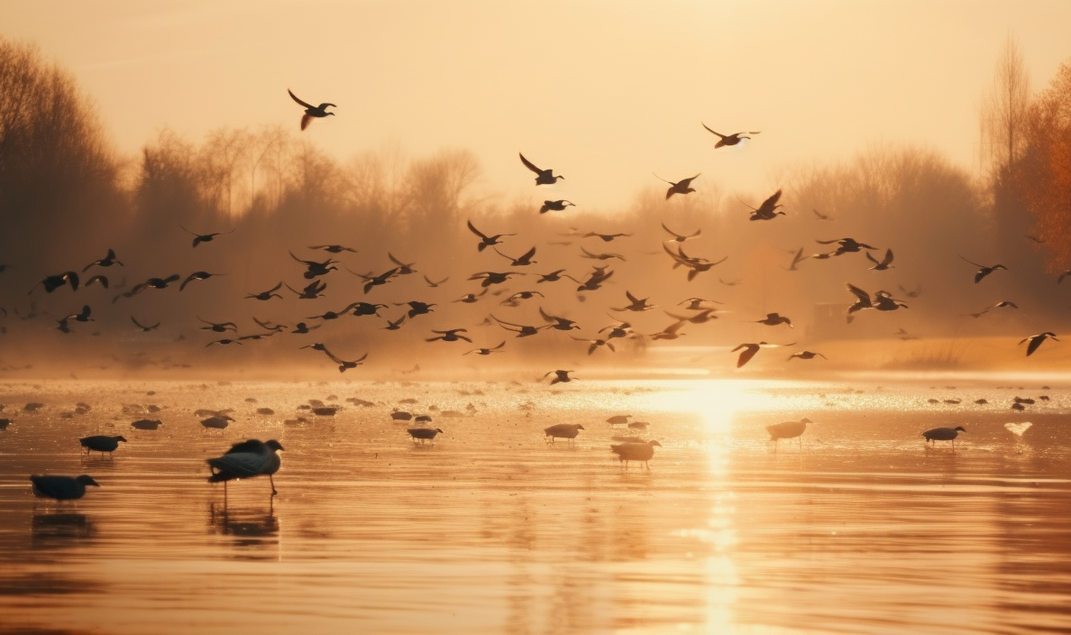 Midjourney prompt: 'a small group of birds flying in the air above a lake, in the style of golden light, viennese actionism, light brown and silver, matte photo, shot on 70mm --ar 125:52 --s 750 --v 5'