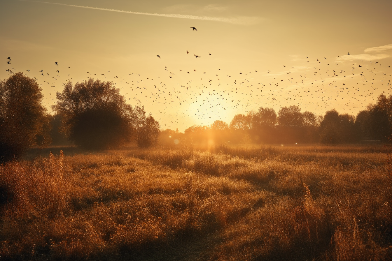 Midjourney prompt: 'the sun being set, in the style of wildlife photography, wiesław wałkuski, light amber and gold, avian-themed, french countryside, rollei prego 90, uhd image --ar 500:333 --s 750 --v 5'