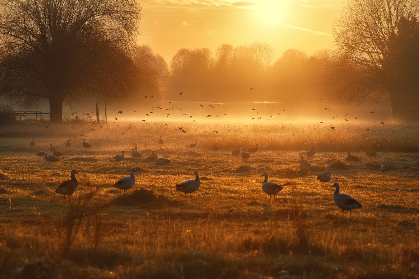 Midjourney prompt: 'the sun being set, in the style of wildlife photography, wiesław wałkuski, light amber and gold, avian-themed, french countryside, rollei prego 90, uhd image --ar 500:333 --s 750 --v 5'