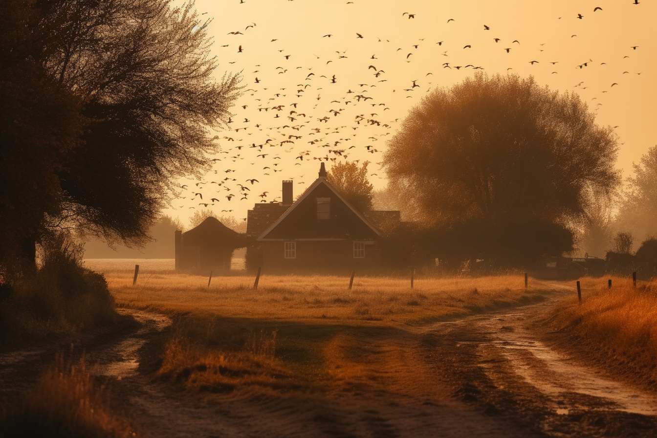 Midjourney prompt: 'yellow birds flying in the sky, in the style of dutch landscapes, golden light, nikon d850, leica r3, dark beige and orange, rural landscapes, rollei prego 90 --ar 500:333 --s 750 --v 5'