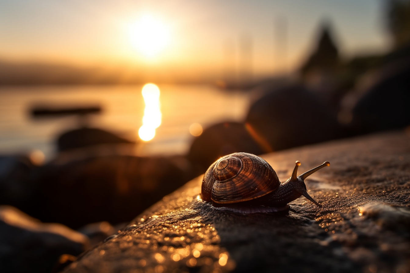Midjourney prompt: 'a snail sitting on the rocks near water and a sun beginning to set, in the style of dusseldorf school of photography, backlight, isaac cordal, stockphoto, stock photo, romantic riverscapes, orange and bronze --ar 500:333 --s 750 --v 5'