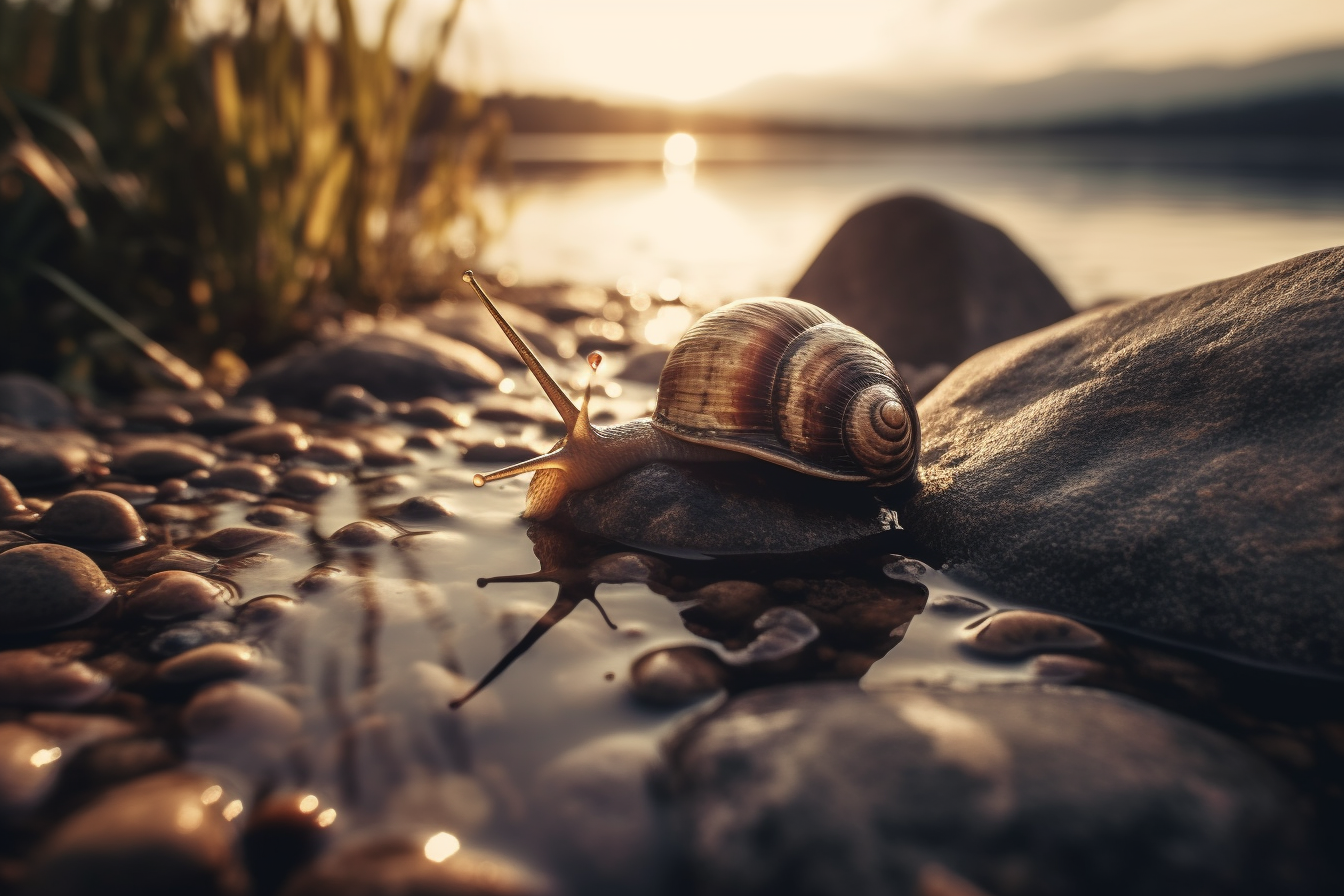 Midjourney prompt: 'a snail sat on rocks on the shore of a lake, in the style of golden light, dusseldorf school of photography, snailcore, site-specific works, backlight, uhd image, stockphoto --ar 500:333 --s 750 --v 5'