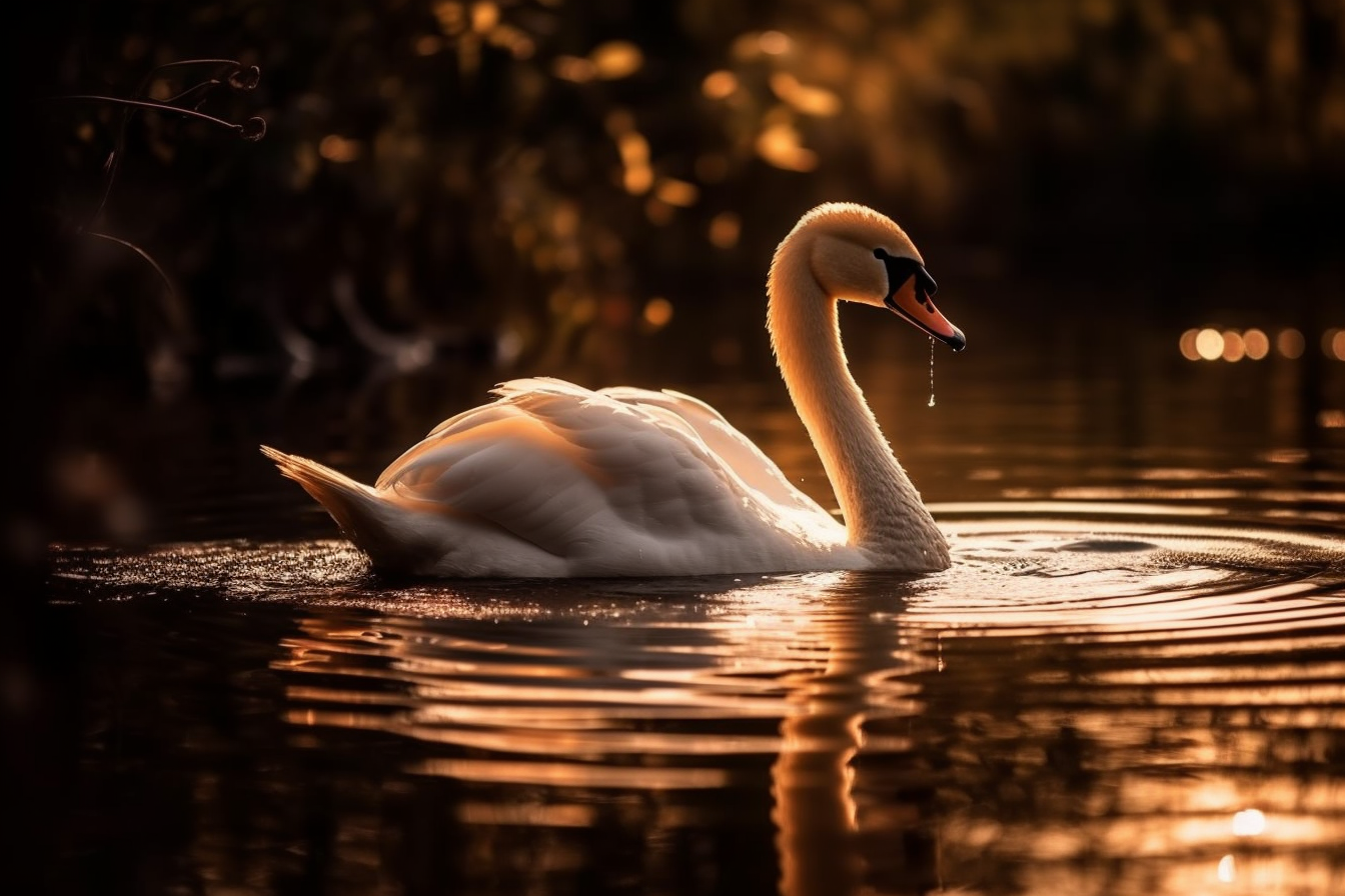 Midjourney prompt: 'a swan, sun rays in the background, in the style of tokina opera 50mm f/1.4 ff, reflex reflections, uhd image, vignetting, golden hues, stockphoto, stock photo --ar 500:333 --s 750 --v 5'