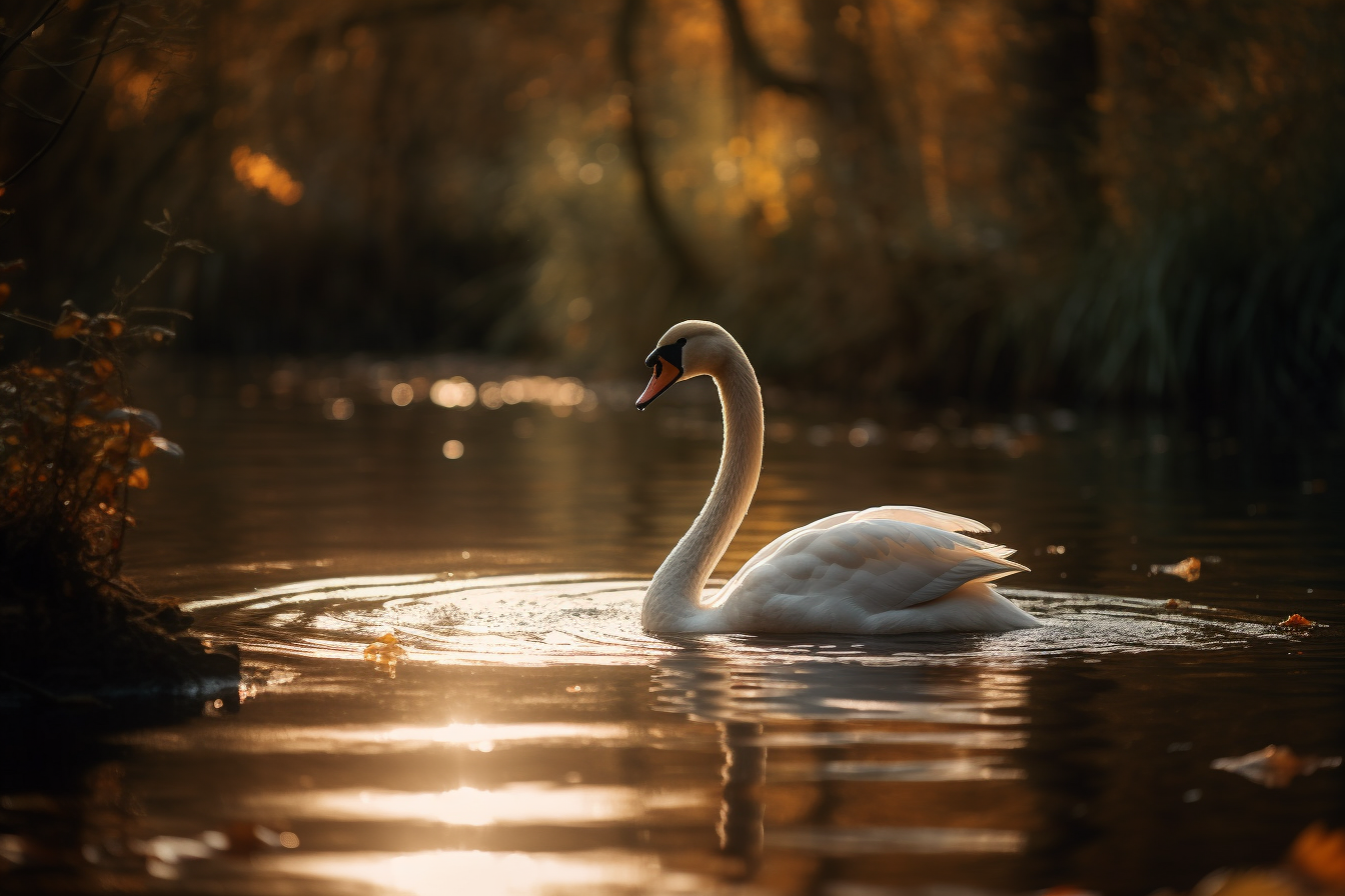 Midjourney prompt: 'a white swan is swimming in the water, in the style of golden light, wollensak 127mm f/4.7 ektar, carl zeiss distagon t* 15mm f/2.8 ze, impressionistic nature scenes --ar 500:333 --s 750 --v 5'