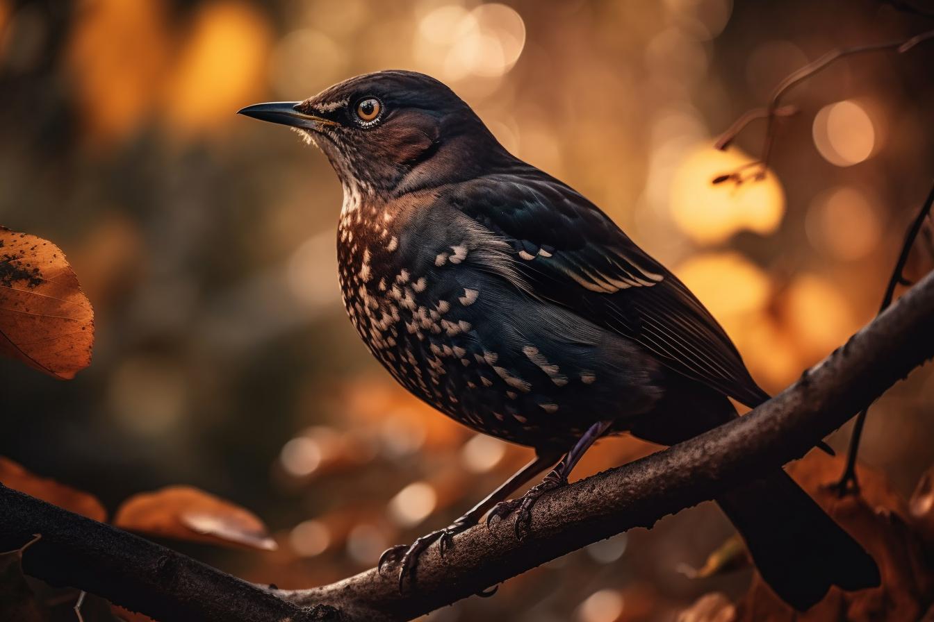 Midjourney prompt: 'an adult black thrush perched on a branch, in the style of richly colored skies, high quality photo, light maroon and gold, capturing moments, shiny eyes, max bedulenko, photo taken with provia --ar 500:333 --s 750 --v 5'