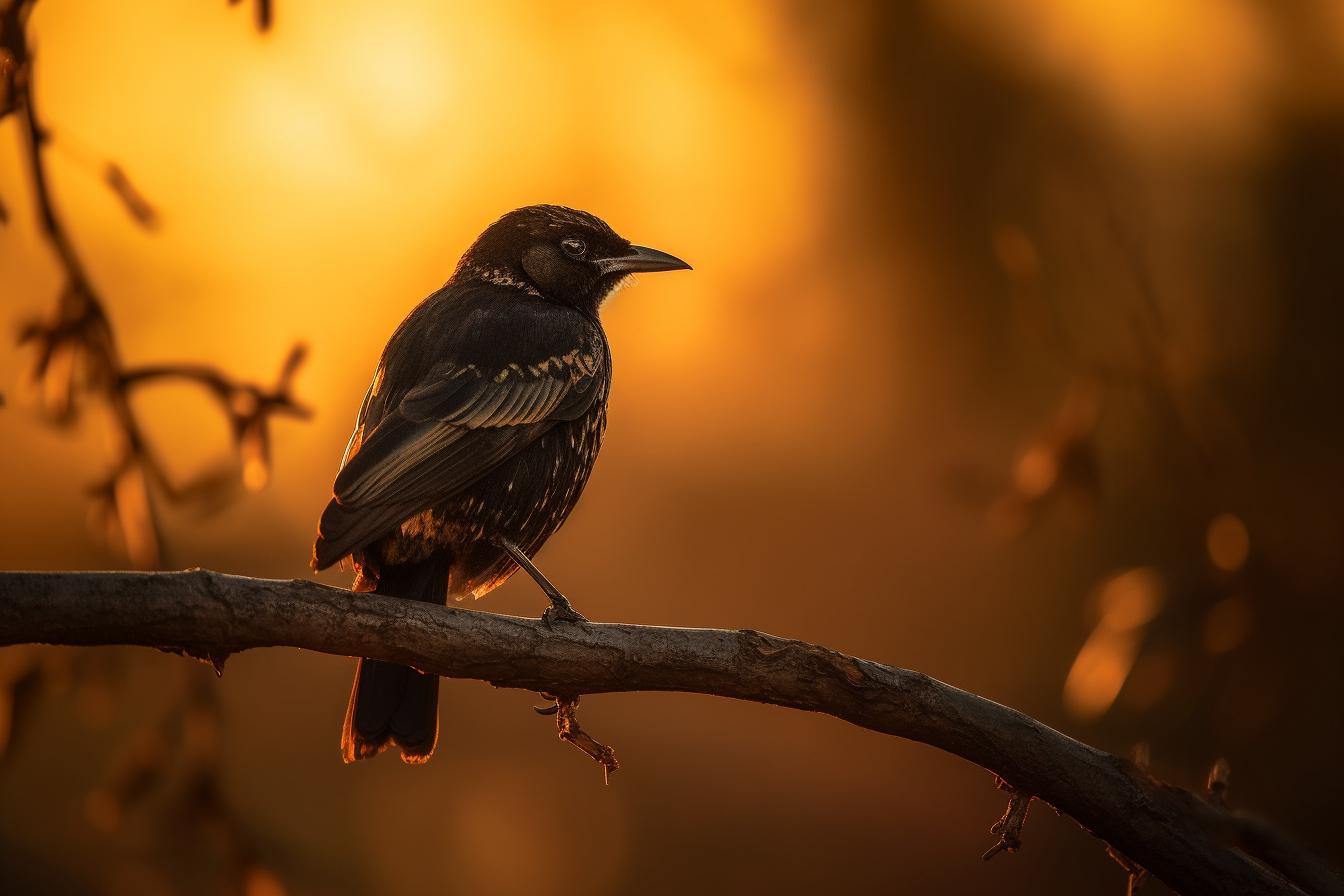 Midjourney prompt: 'black bird sitting on branch at sunset, in the style of dark brown and yellow, tokina at-x 11-16mm f/2.8 pro dx ii, germanic art, eye-catching detail, wimmelbilder, brown, high quality photo --ar 500:333 --s 750 --v 5'