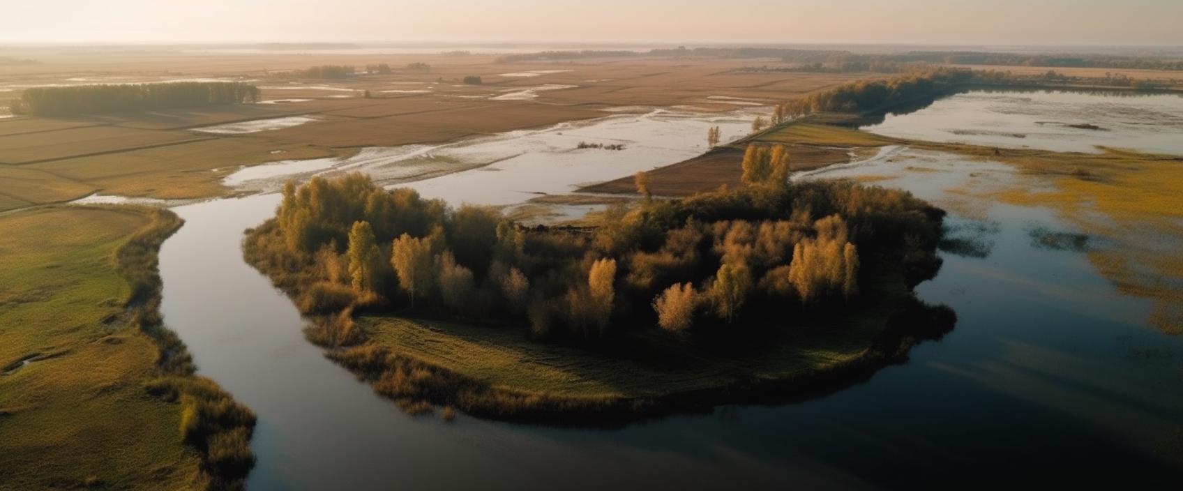 Midjourney prompt: 'panoramic drone footage, aerial photo, nature, in the style of dutch realism, luminescent installations, duckcore, raw materials, calm waters, farm security administration photography, low depth of field --ar 125:52 --s 750 --v 5'
