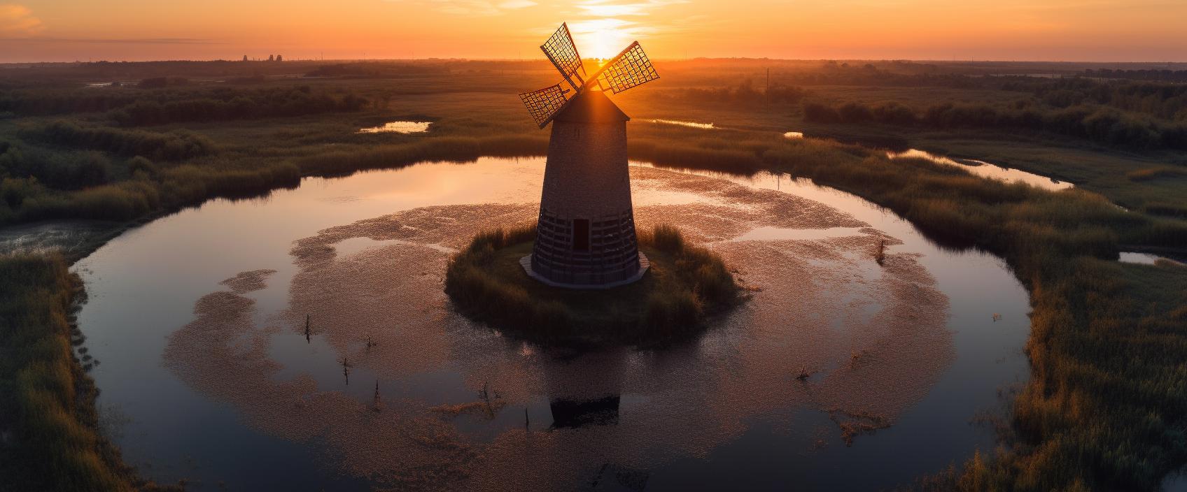 Midjourney prompt: 'drone fx of a circular windmill and a pond at sunset in poland, in the style of bjarke ingels, raw materials, large scale installations, naturalistic ocean waves, site-specific installations, darktable processing, duckcore --ar 125:52 --s 750 --v 5'