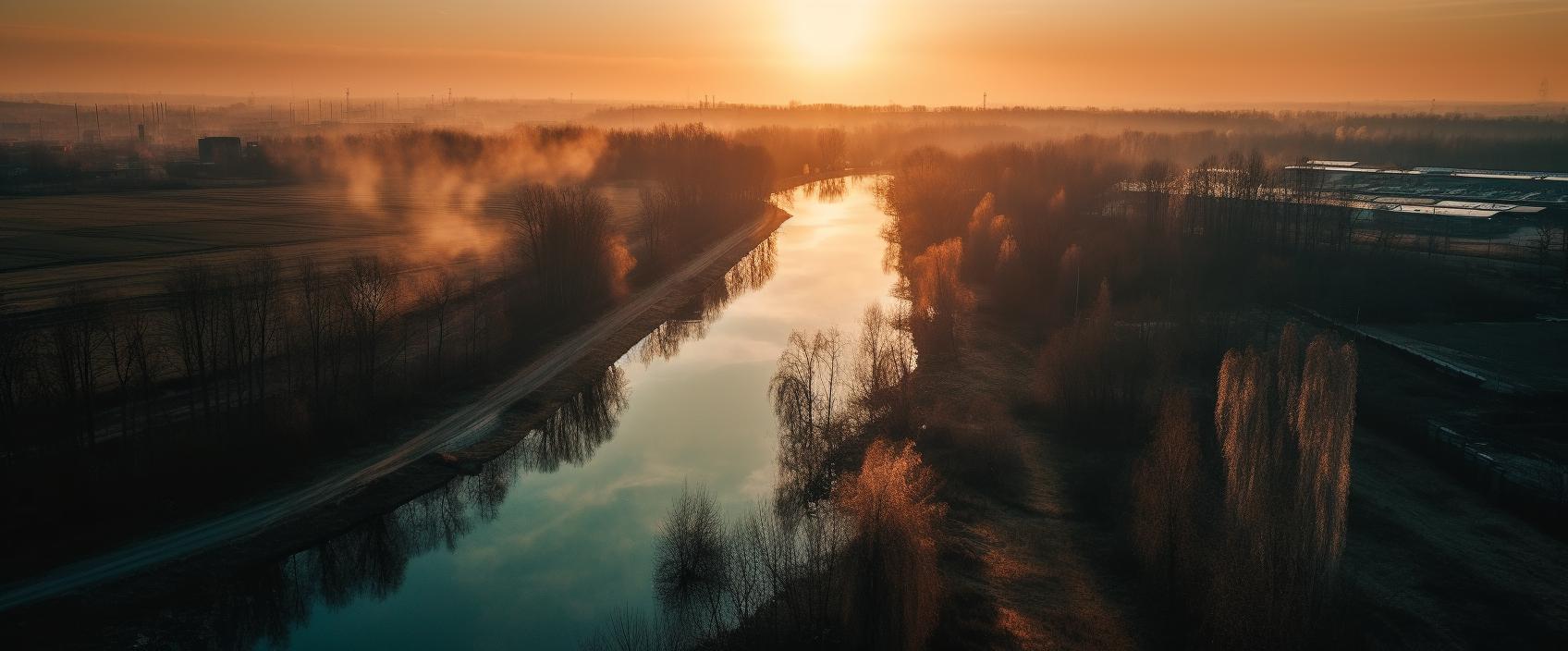 Midjourney prompt: 'river and sky, an aerial photo with red sun rising, in the style of wiesław wałkuski, 32k uhd, industrial landscapes, light cyan and dark amber, environmental portraiture, luminous reflections, rural life scenes --ar 125:52 --s 750 --v 5'