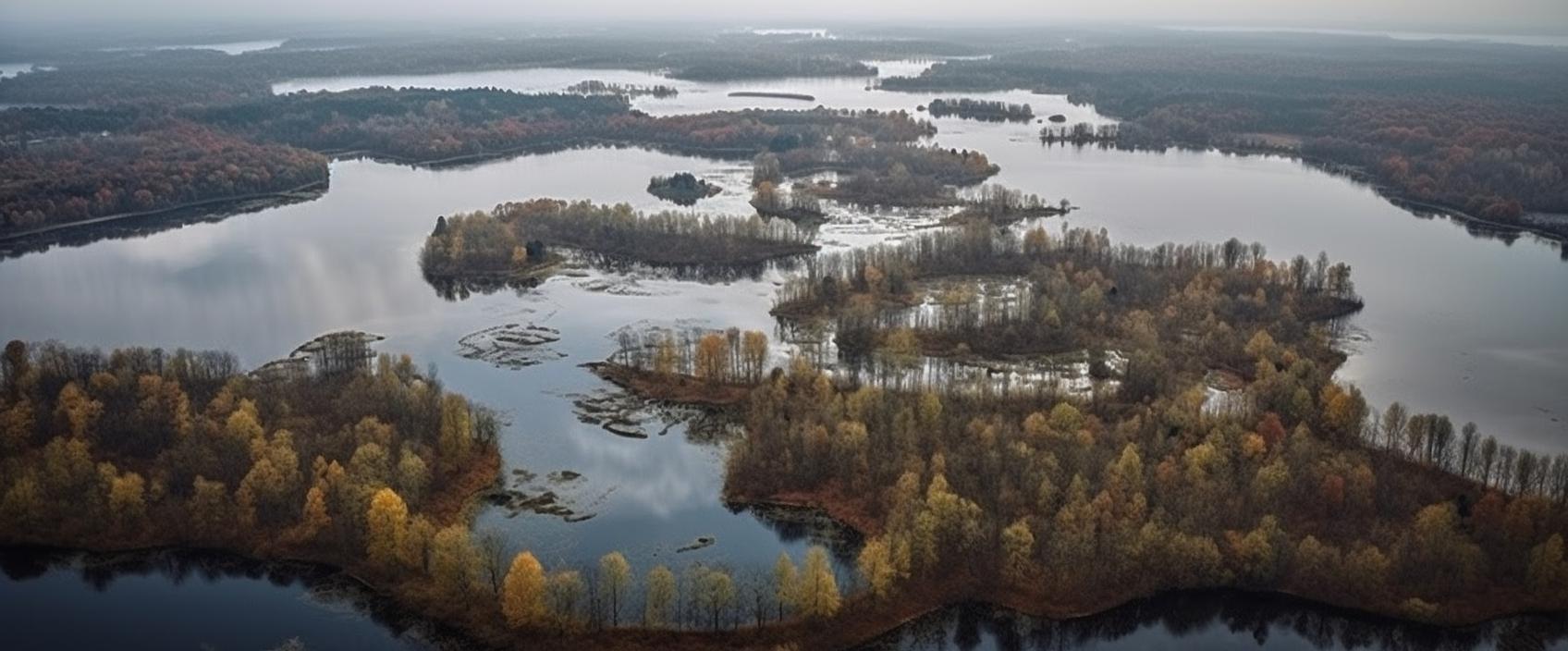 Midjourney prompt: 'birka poland, aerial photo, in the style of luminous reflections, calm compositions, nikon d850, uhd image, havencore, environmental awareness, tonalist --ar 125:52 --s 750 --v 5'