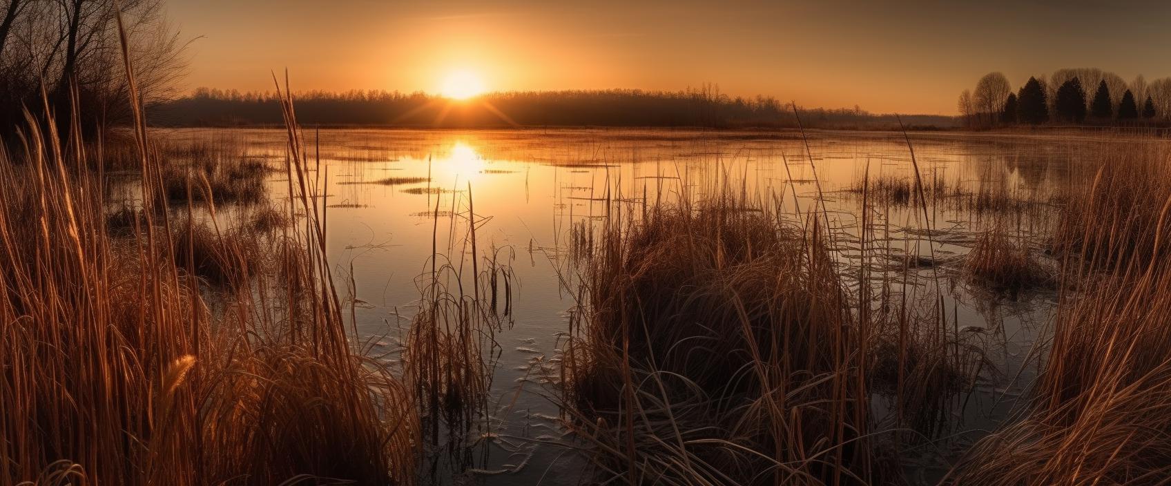 Midjourney prompt: 'sunset reeds and water in a lake, in the style of panasonic lumix leica dg nocticron 42.5mm f/1.2 asph power ois, 8k resolution, impressive panoramas, takayuki takeya, light beige and violet, wäinö aaltonen, edogawa ranpo --ar 12:5 --s 750 --v 5'