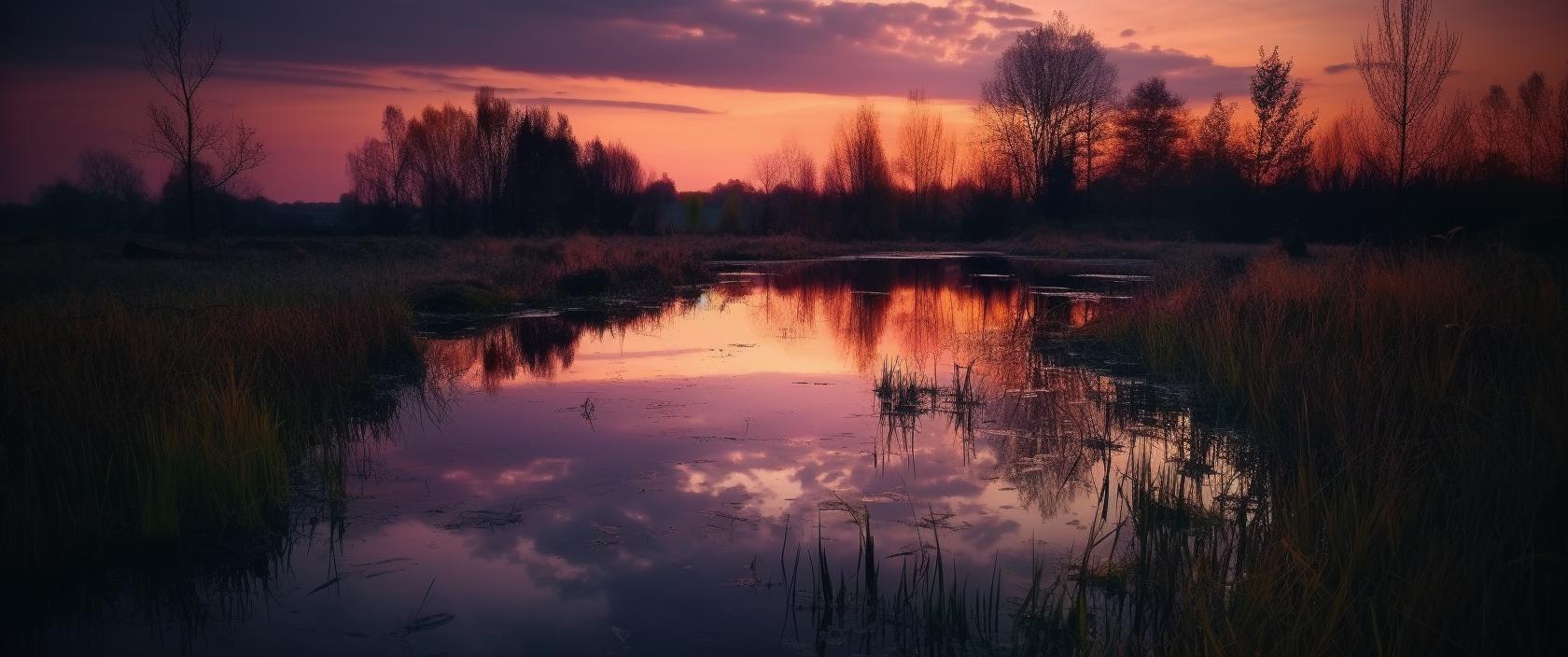 Midjourney prompt: 'a sunset reflects in a pond, in the style of wollensak 127mm f/4.7 ektar, light violet and dark amber, joachim patinir, 32k uhd, stockphoto, high horizon lines, truls espedal --ar 1319:550 --s 750 --v 5'
