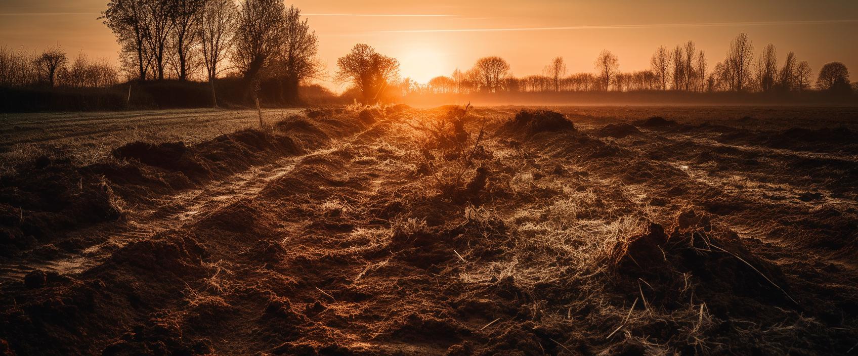 Midjourney prompt: 'sunset in a field with trees and dirt, in the style of focus stacking, sigma 35mm f/1.4 dg hsm art, dusty piles, 8k resolution, traditional british landscapes, nature morte, depth of layers --ar 12:5 --s 750 --v 5'