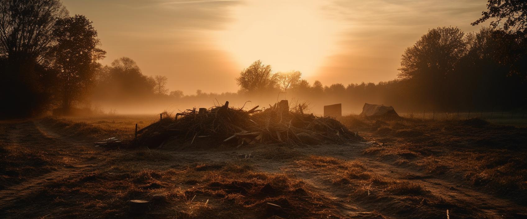 Midjourney prompt: 'landscape photography the sun setting in a field, in the style of quietly morbid, fujifilm x-t4, dusty piles, stockphoto, focus stacking --ar 12:5 --s 750 --v 5'