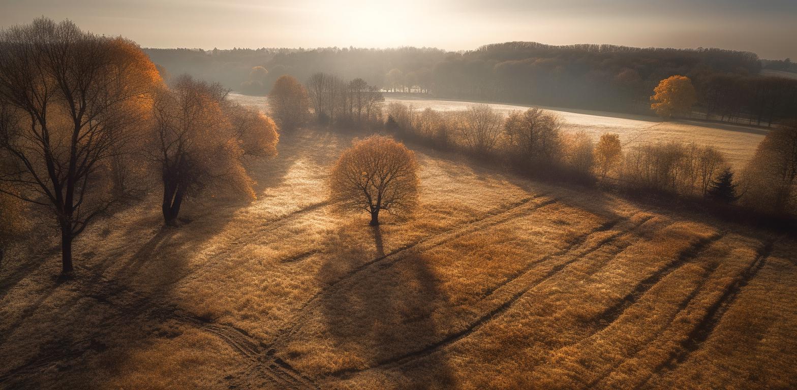 Midjourney prompt: 'aerial image of field and trees in the countryside, in the style of zeiss planar t* 80mm f/2.8, detailed atmospheric portraits, carl zeiss distagon t* 15mm f/2.8 ze, gustave buchet, light maroon and dark amber, panoramic scale, cold and detached atmosphere --ar 250:123 --s 750 --v 5'