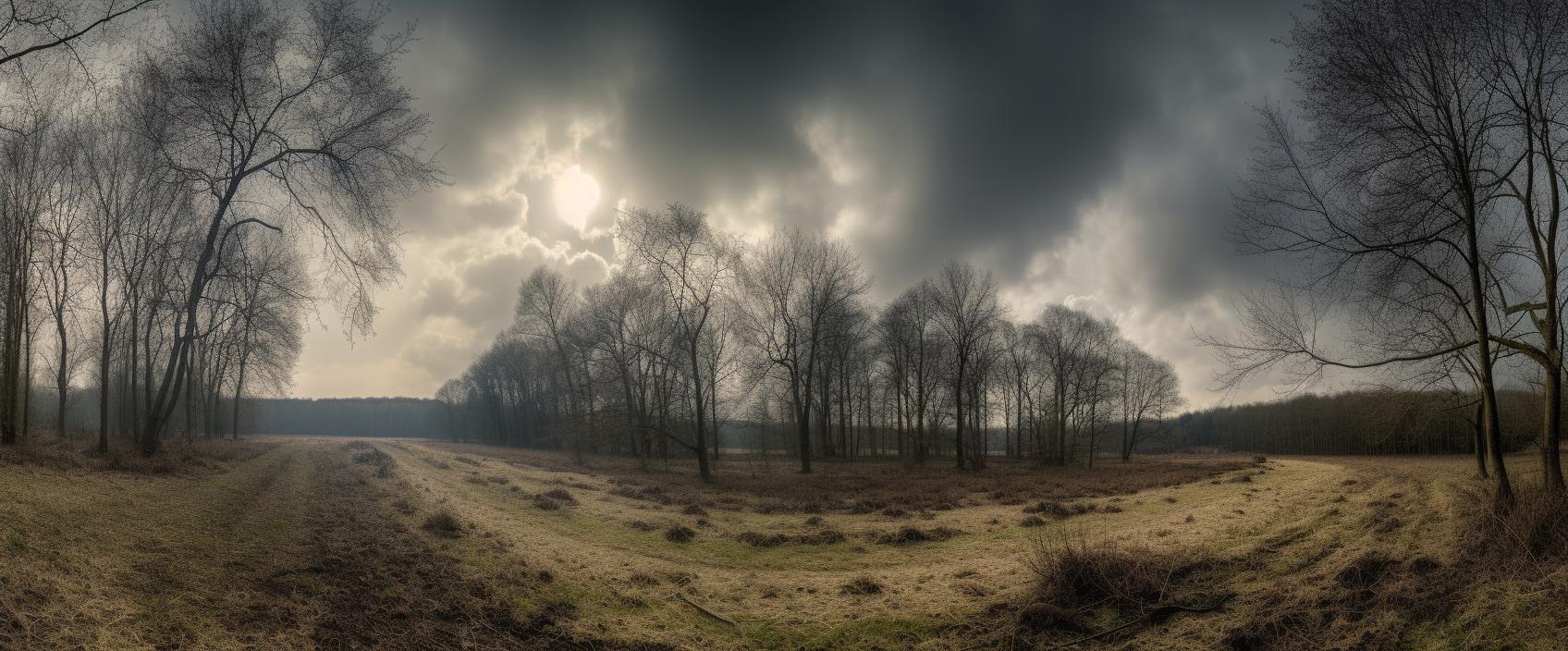 Midjourney prompt: 'a photograph of landscapes with trees and a cloudy sky, in the style of voigtlander heliar 15mm f/4.5, panorama, playing with light and shadow, uhd image, valentine penrose, walter gropius, high resolution --ar 125:52 --s 750 --v 5'